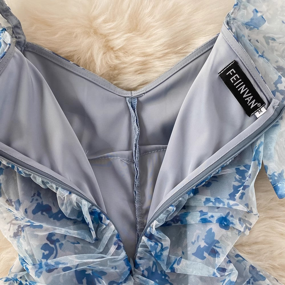 floral skirt new square neck puff sleeve pleated dress for women S4287