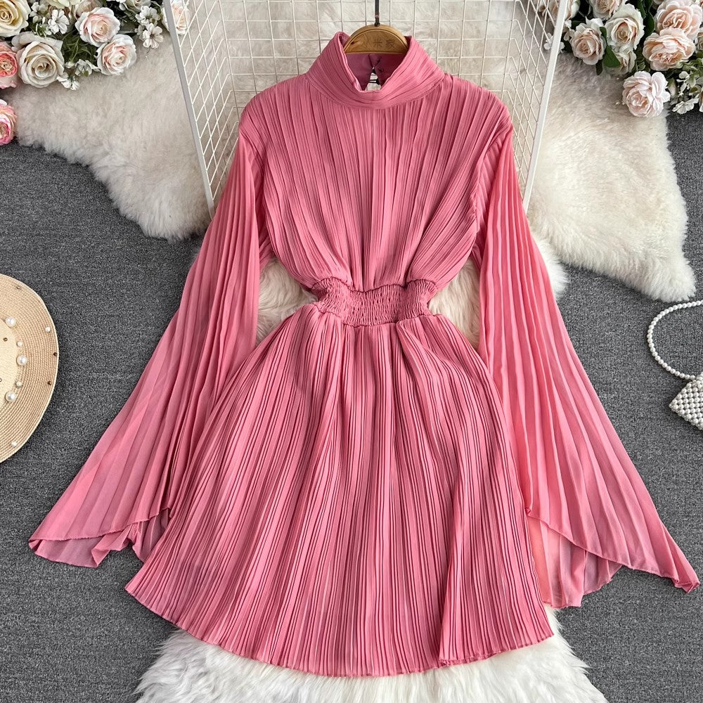 long-sleeved A-line chiffon pleated dress S4050