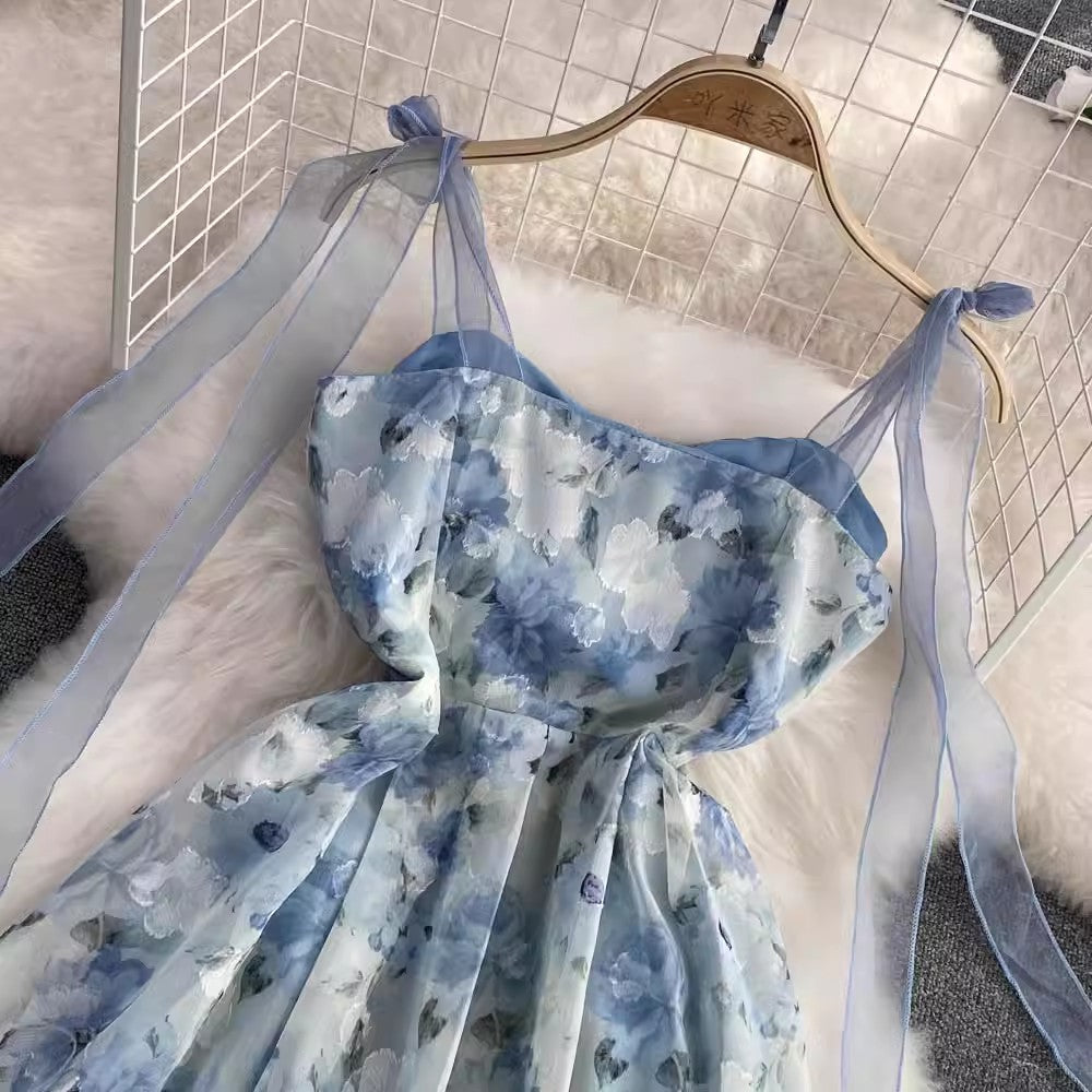 floral chiffon A-line dress vacation long skirt S3979