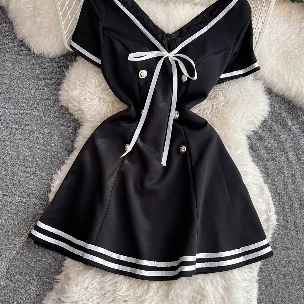 Fashionable sexy V-neck A-line short-sleeved dress S4338