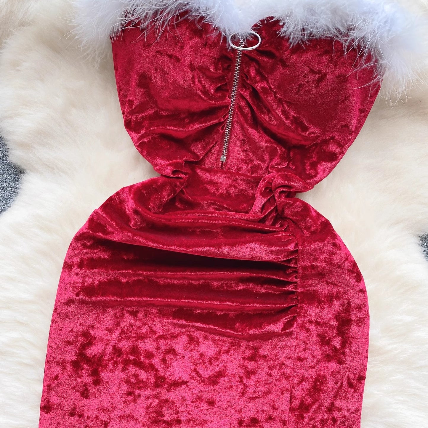 velvet dress for women with feather slit design and elegant long skirt S4525