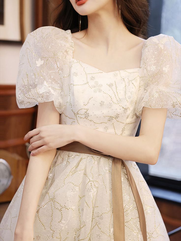 White A-line Lace Tulle Beige Short Prom Dress, Beige Homecoming Dress S3279