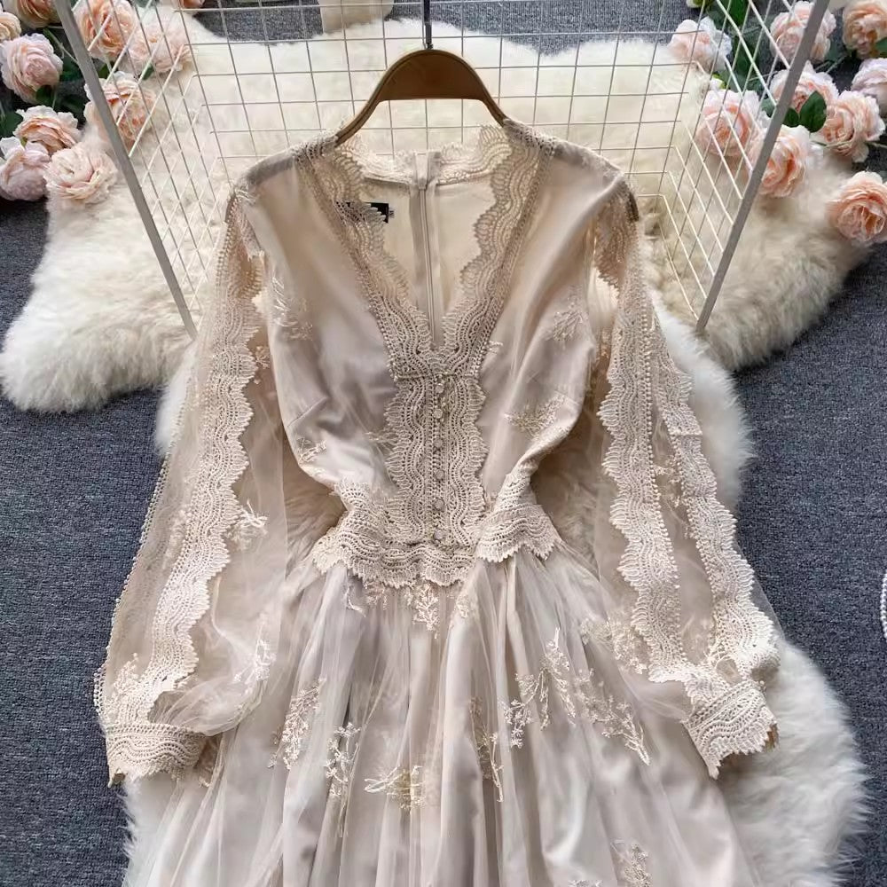 women's lace V-neck mesh puff sleeves A-line long skirt S4653