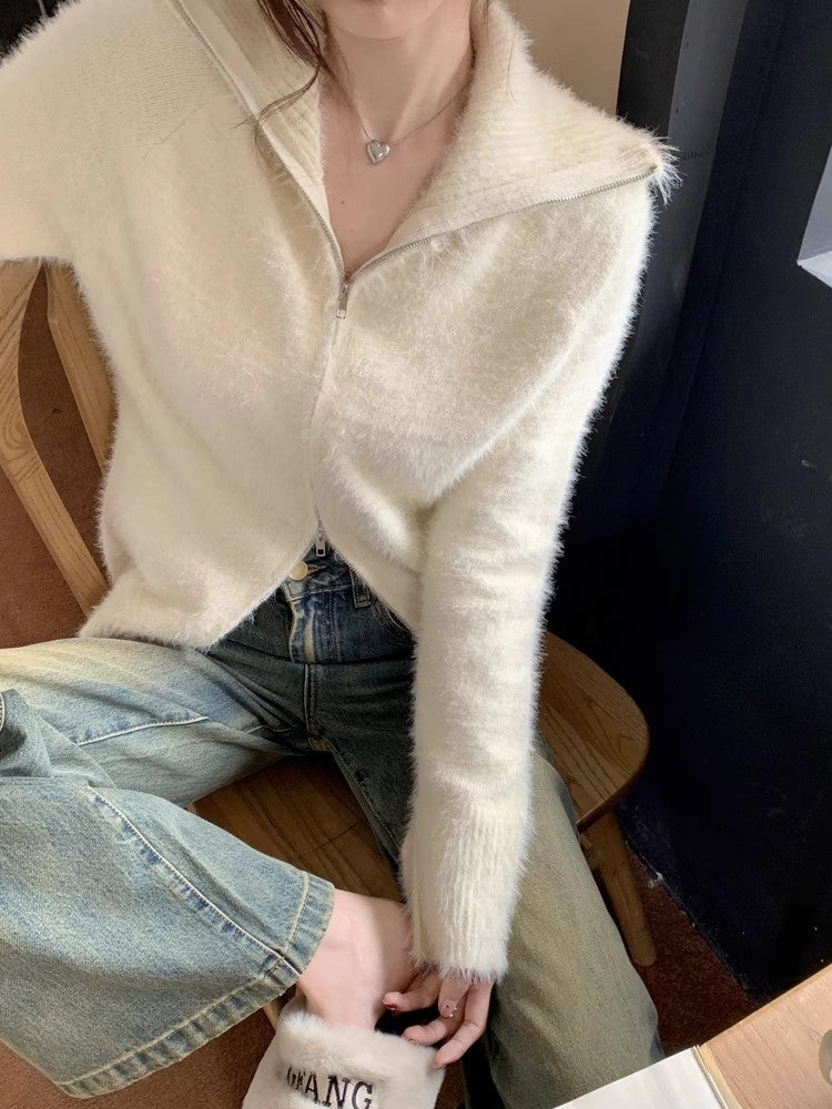 Simple and stylish double zipper sweater long-sleeved sweater jacket S4784