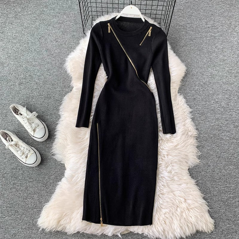 design knitted skirt round neck long sleeves irregular zipper solid color dress for women S4237