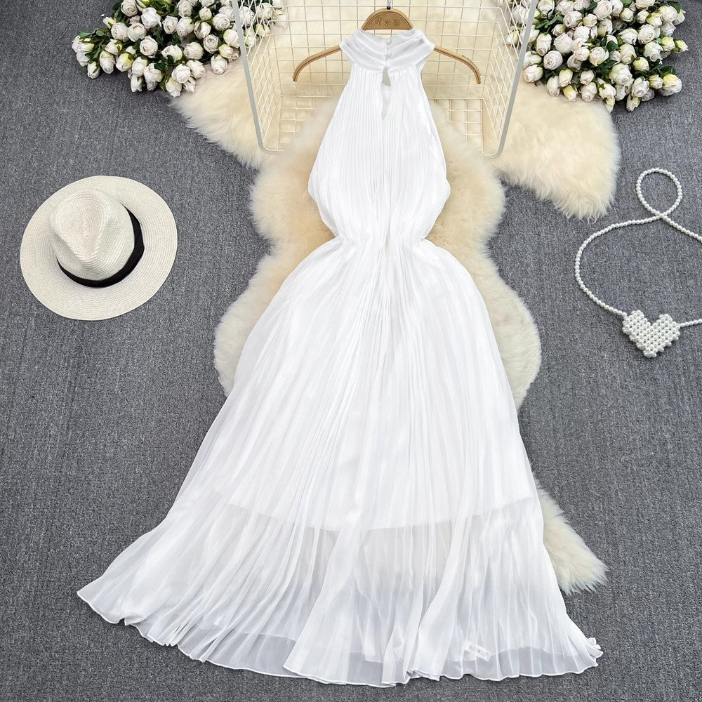 beach dress fashionable round neck off-shoulder a-line pleated dress S4298