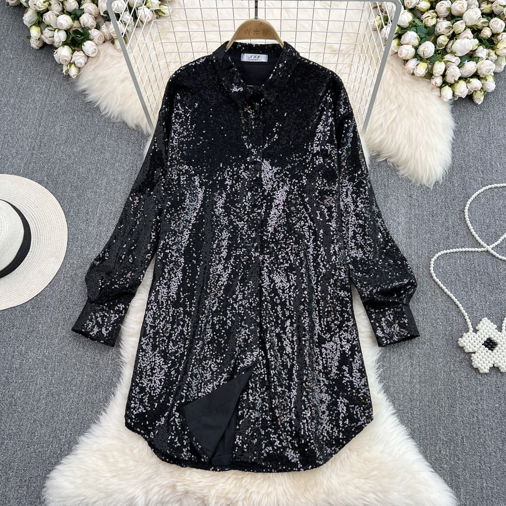 shiny sequined long-sleeved mid-length shirt dress fashionable a-line dress for women S4207