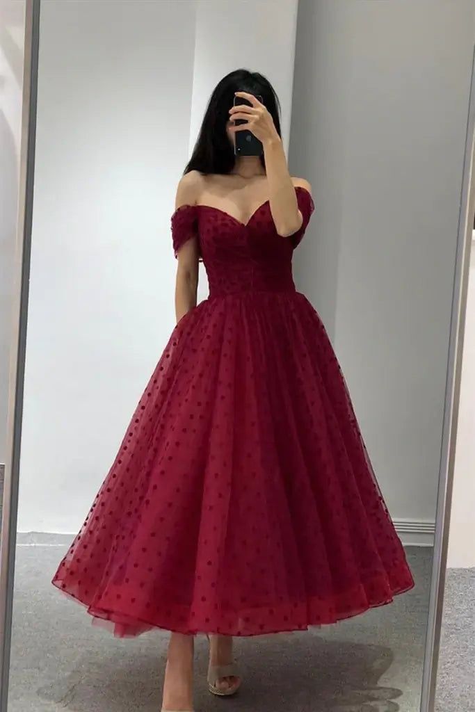 Elegant Burgundy Evening Dresses Prom,A Line Party Dress,Off Shoulder Gala Dresses S3030