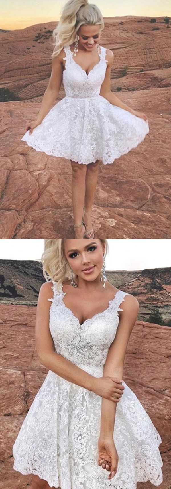 Cute V Homecoming Dresses Teagan Neck Short White Lace S3124