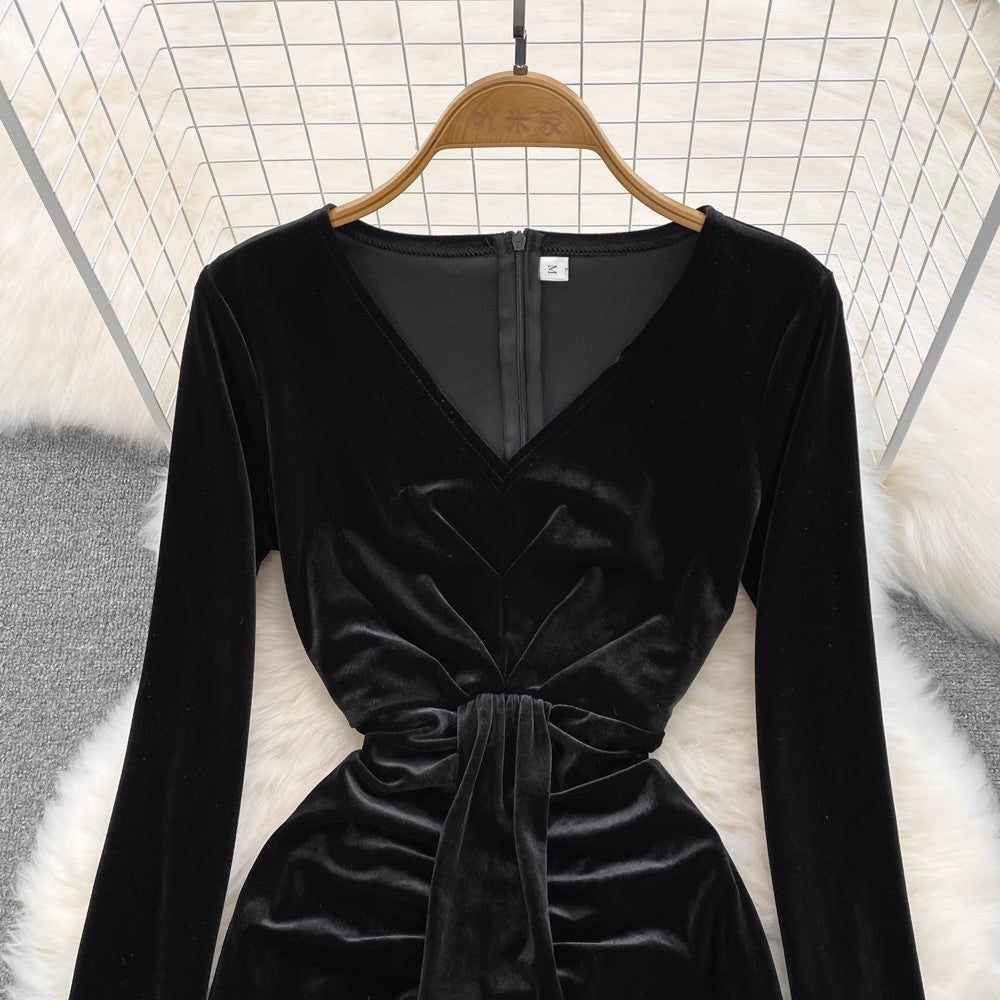 velvet dress v-neck long skirt S4326