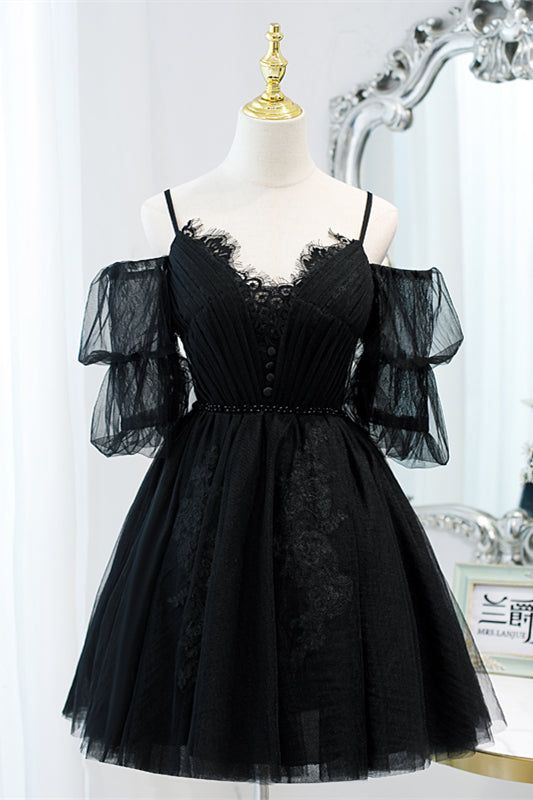 Off-the Shoulder Puff Sleeves Lace Beaded Homecoming Dress S2908