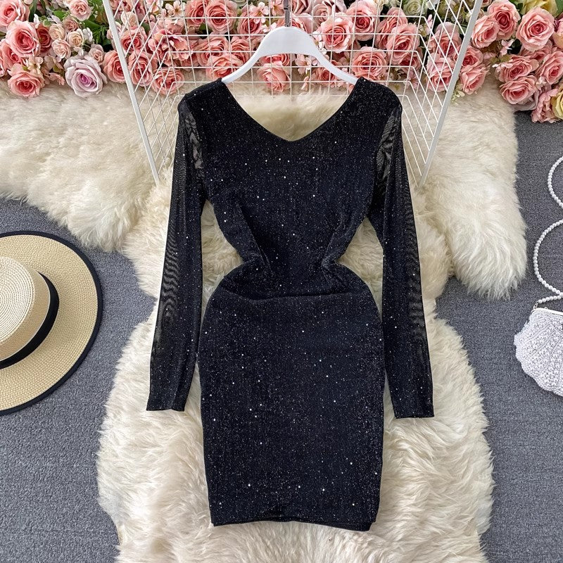 pleated shiny V-neck mesh dress S4342