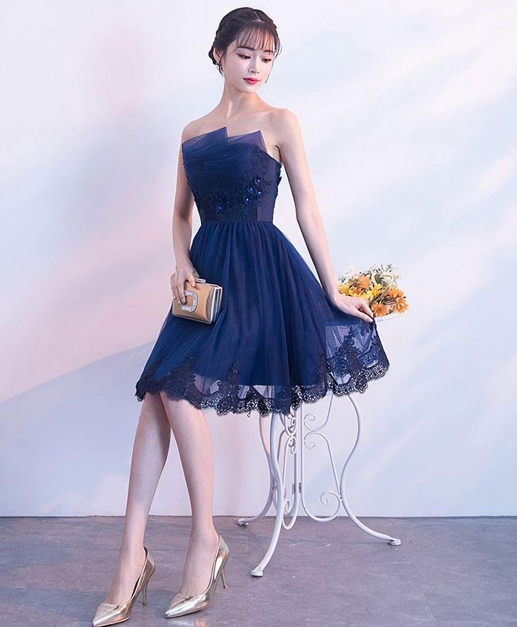 Cute Dark Blue Tulle Lace Short Prom Dress, Homecoming Dress S2951