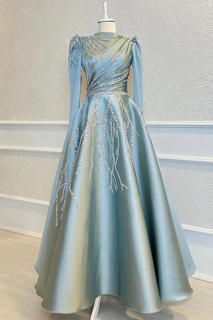 High Collar Long Sleeves A-Line Beads Prom Dress With Pleated Appliques S3579
