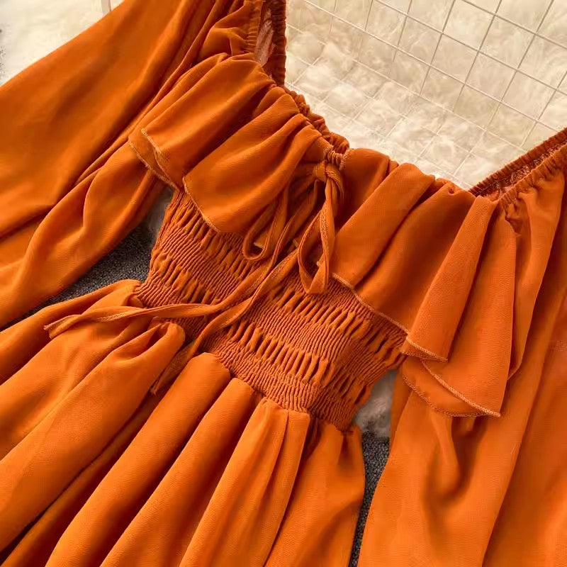 Chic Style Dress New Women's Square Neck Puff Sleeve Chiffon Skirt S4597