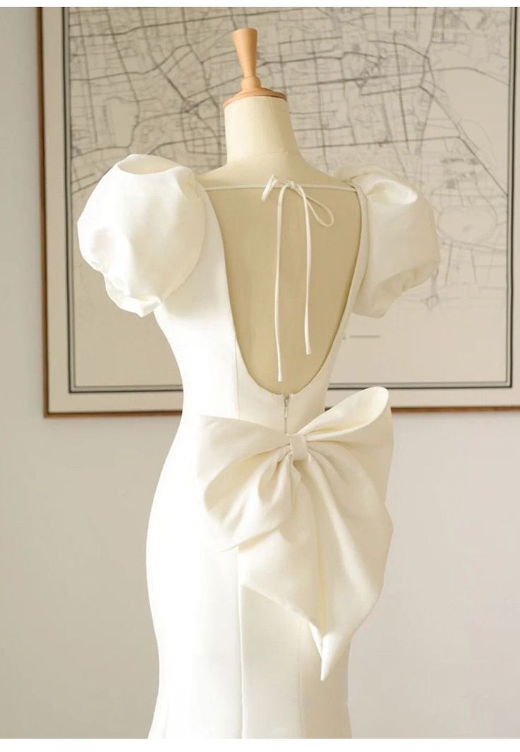 puffed Sleeve Evening Dress, White Mermaid Evening Dress ,custom Made S3353