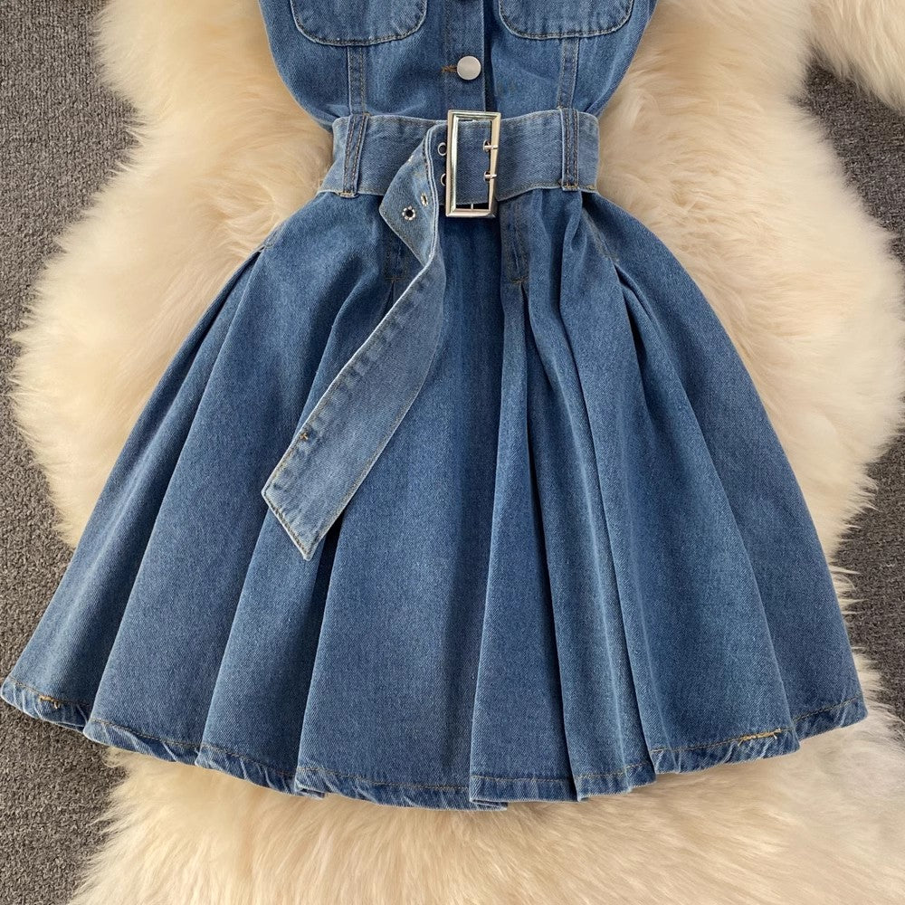 hot girl sexy denim skirt design halter neck A-line puffy pleated dress S4283
