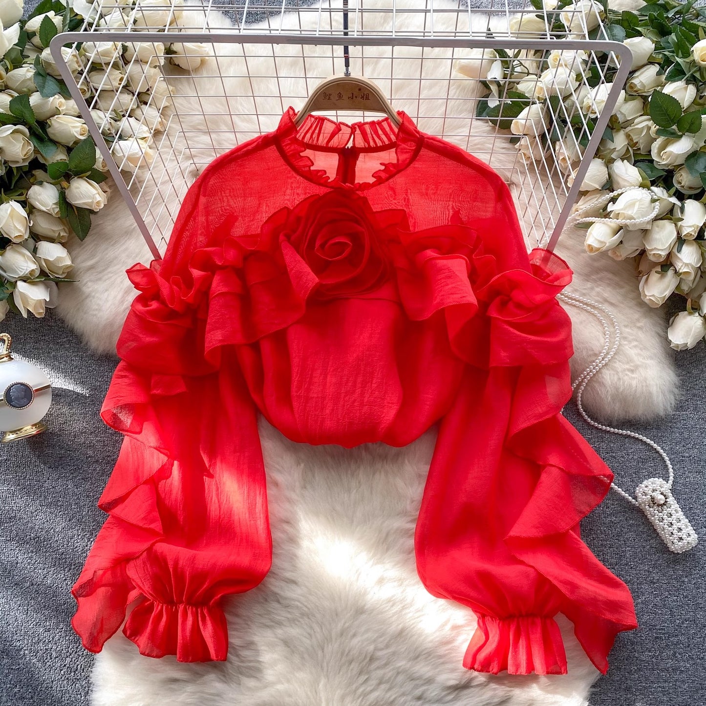 Designed irregular ruffled mesh shirt for women pleated chic top trendy S4498