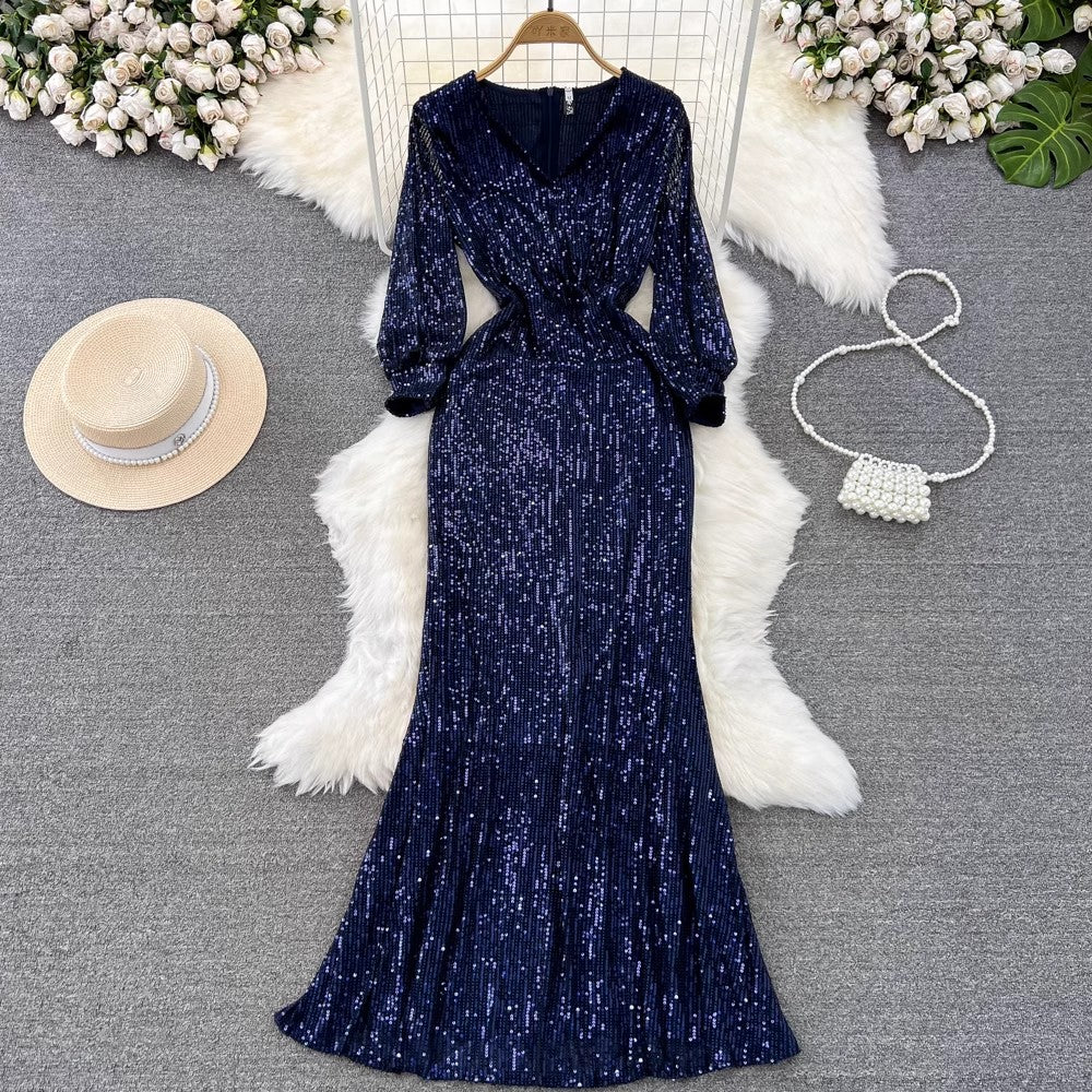 evening dress lantern long-sleeved V-neck sequined dress S4142