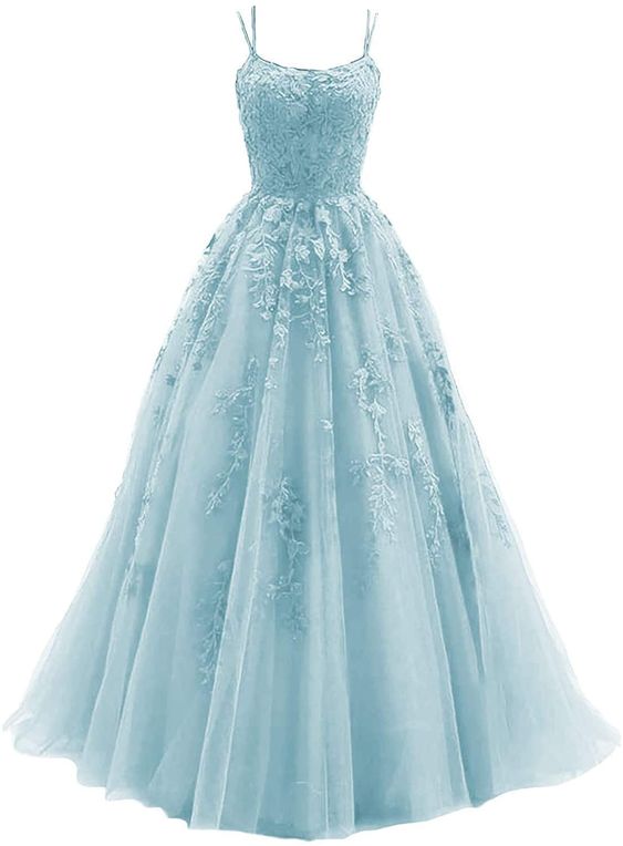 Spaghetti Strap Prom Dress Ball Gown Lace Appliques Wedding Tulle Homecoming Long Dress Princess Formal Evening Gowns S3027