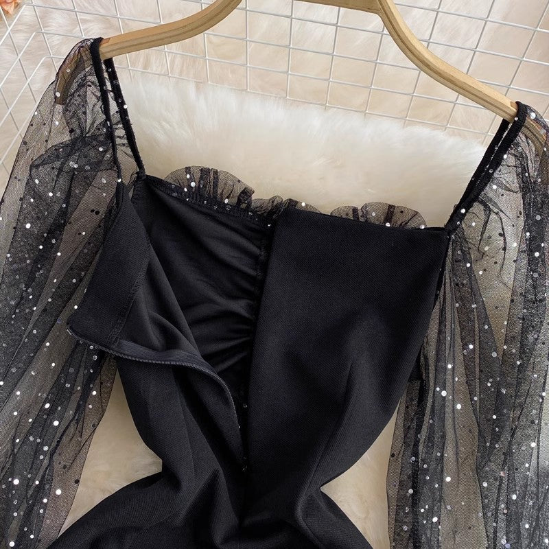 sexy shiny mesh slit wrap dress S4098