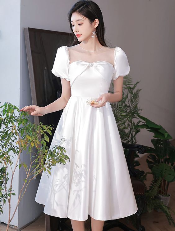 Simple Elegant White Satin Prom Dress Midi Evening Ball Gown S3278