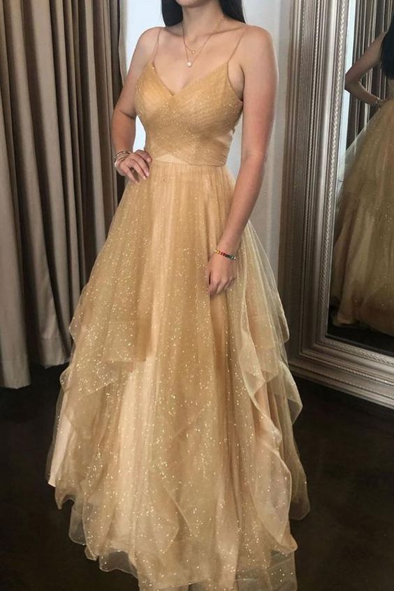 Champagne v neck tulle long prom dress tulle formal dress S3245