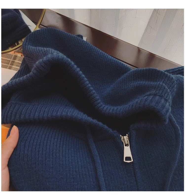 Solid color zipper knitted cardigan for women long-sleeved sweater jacket S4850