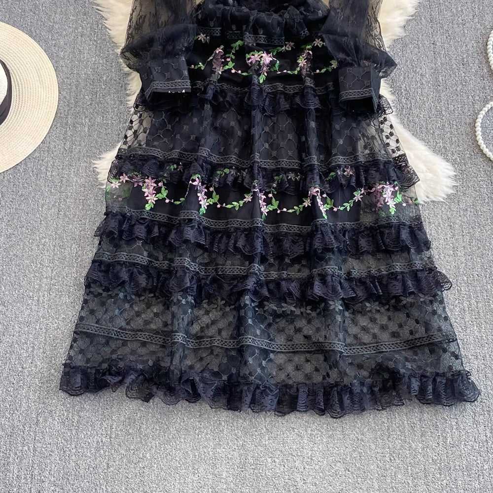 Fashionable long-sleeved A-line lace dress elegant long dress S4403