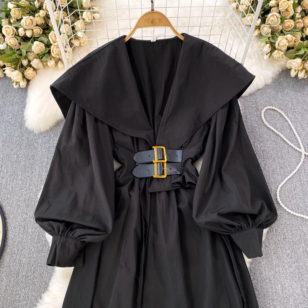 lantern sleeve mid-length dress V-neck irregular slit dress S3993