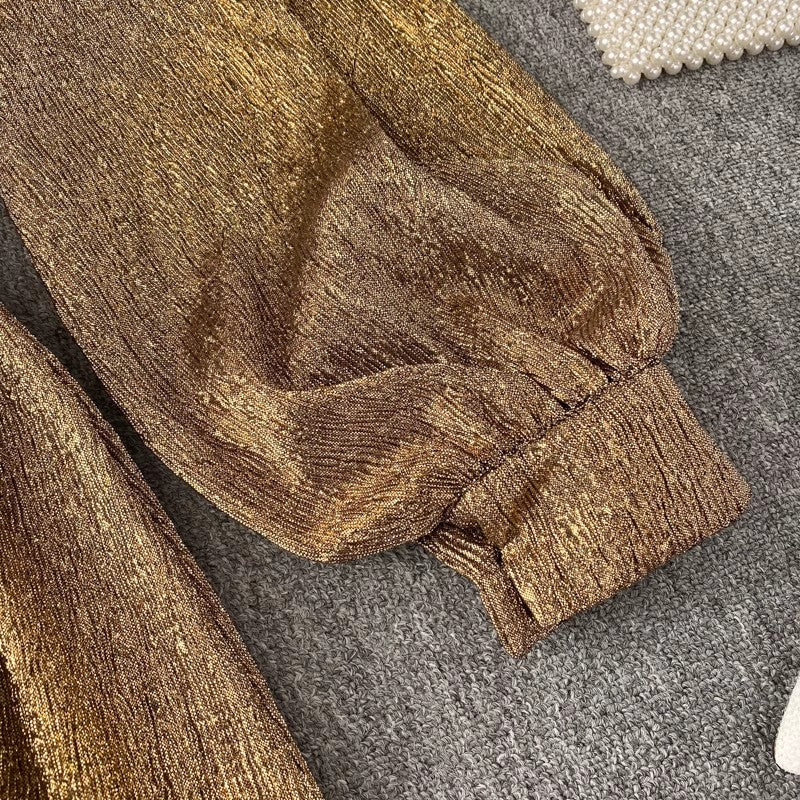 new V-neck lantern sleeves gold shiny dress for women S4582