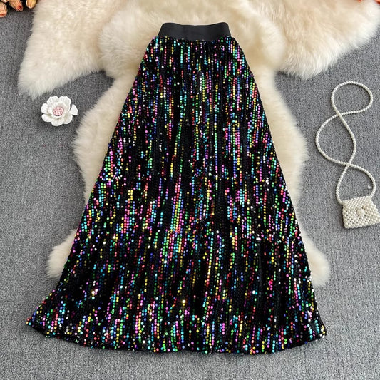 mid-length A-line skirt fashionable sparkling sequins skirt     S4122