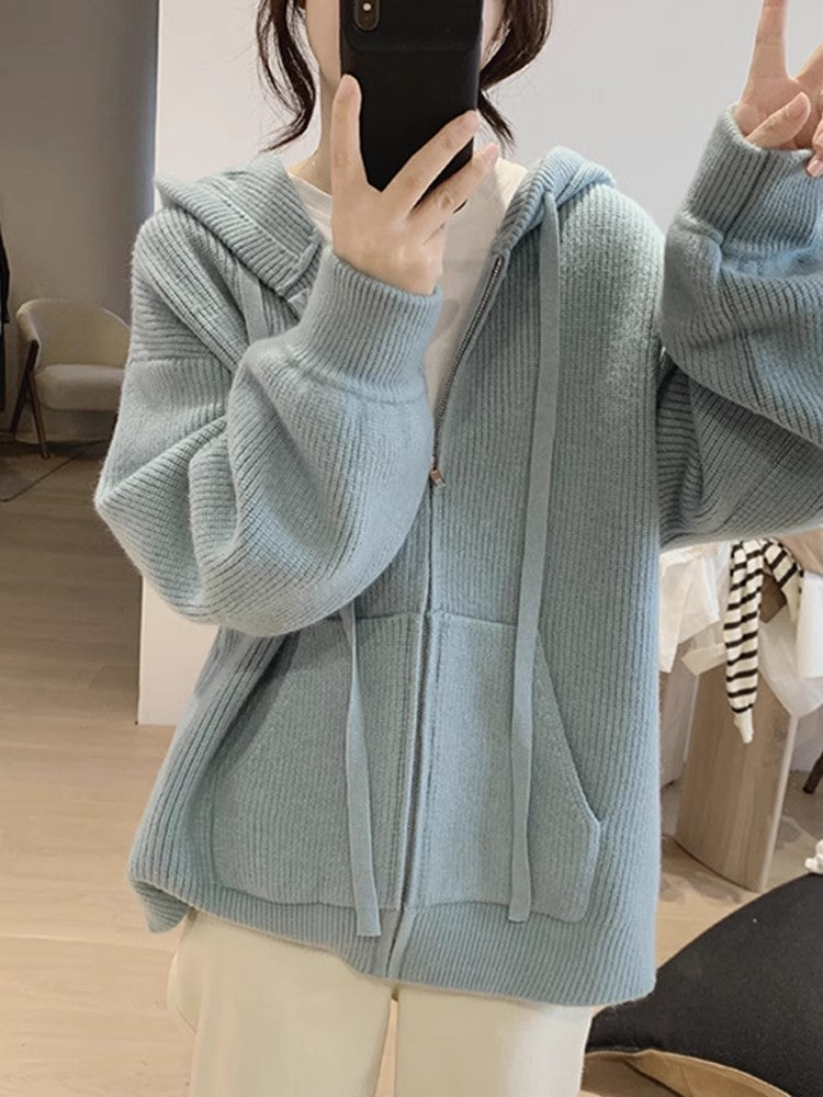 Blue loose zipper sweater for women knitted cardigan S3407