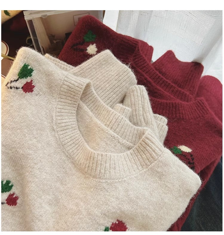 Retro embroidered flower round neck sweater for women long-sleeved sweater S4805