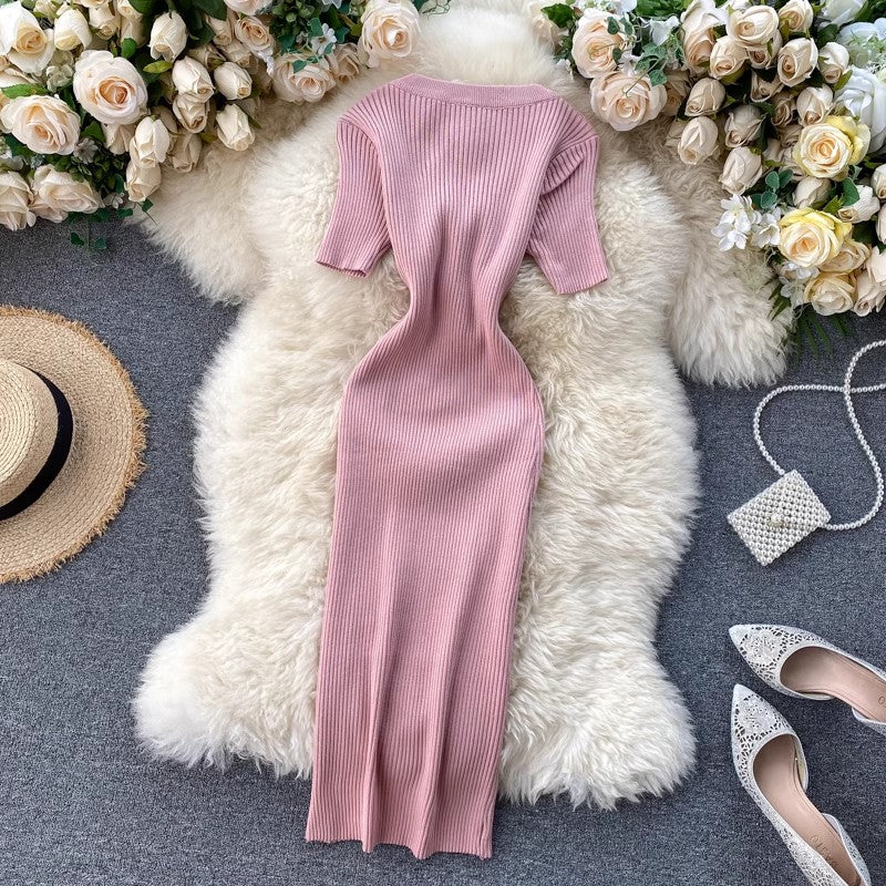 new popular women's simple solid color short-sleeved knitted dress S4660