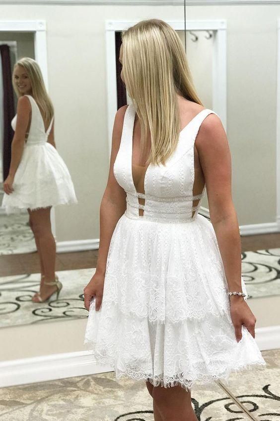Short 2023, White Homecoming Dresses Lace Dress S3132