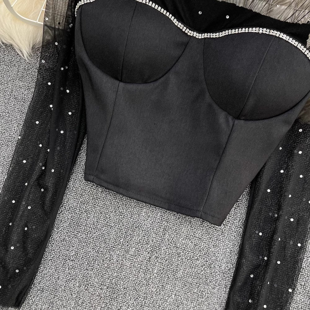 mesh beaded shirt for women fashionable and chic short top S4249