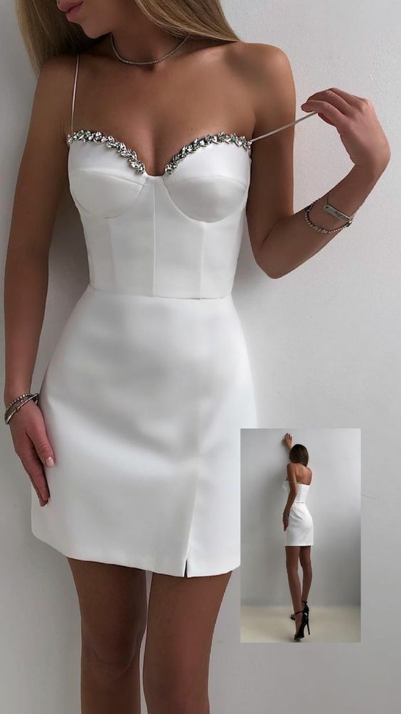 White Satin Cocktail Dresses Spaghetti Straps Beads Diamond Short Prom Gowwns Lady Fashion Formal Party Dress S2848