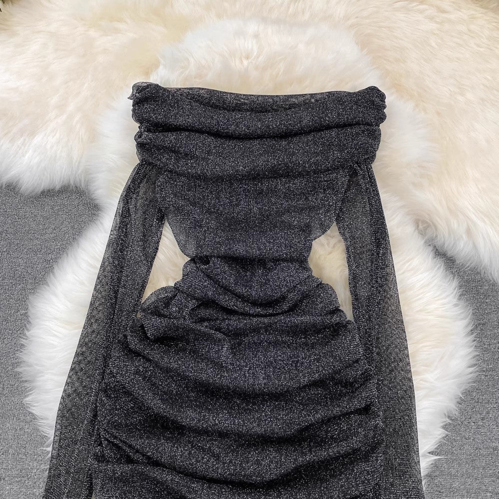 hot girl off-shoulder long-sleeved pleated dress for women S4013