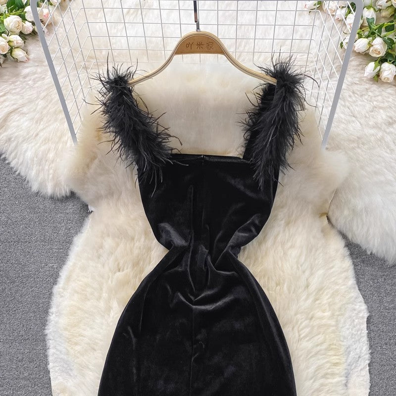 velvet slit dress black skirt new dress S4193