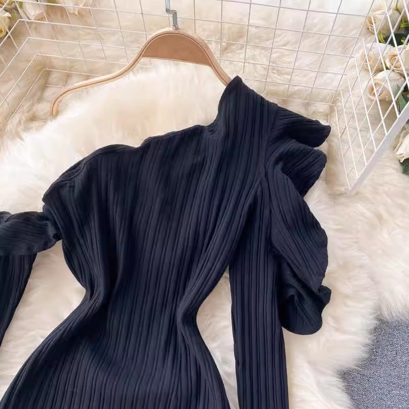 little black dress off-shoulder ruffled bell-sleeve dress S4630