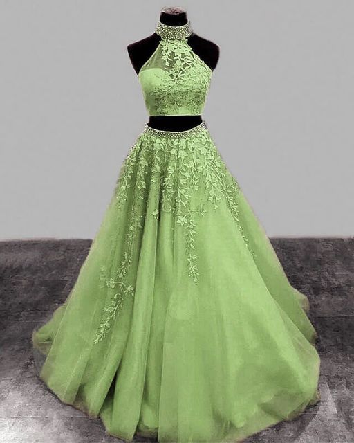 Sage Green Prom Dresses Two Piece Lace Embroidery Beaded Halter Formal Dress S2923