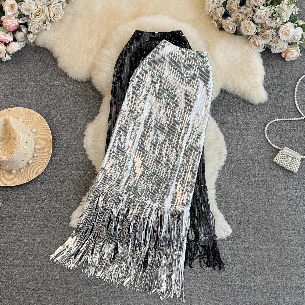 glitter elastic mid-length tassel skirt for women S4070