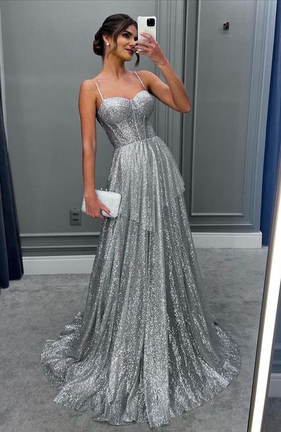 Sexy Silver Spaghetti Straps Long Prom Dress S3799