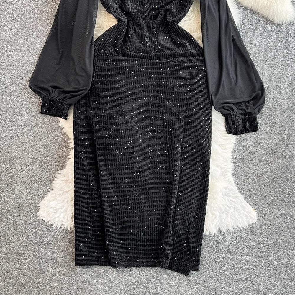 design bubble long-sleeved sequinned dress S4334