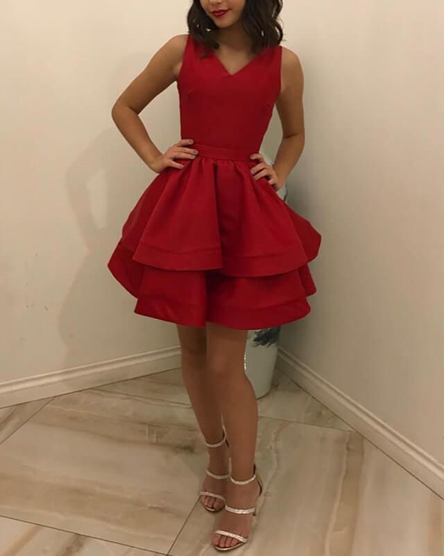 Short Red Satin V-neck Tiered Dress S2987