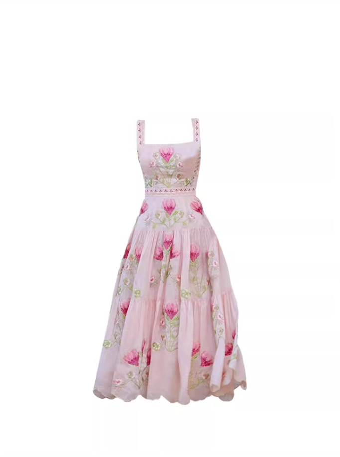 French retro square neck suspender long dress 2025 summer new temperament skirt R3383