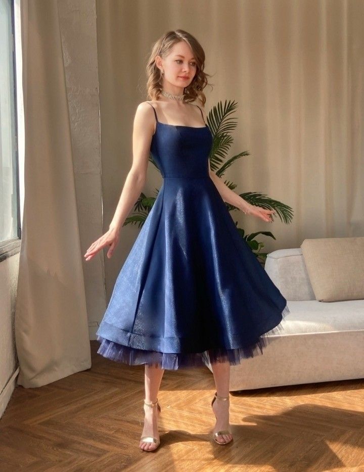 Dark blue suspender waist slim A-line long skirt homecoming dress R3965