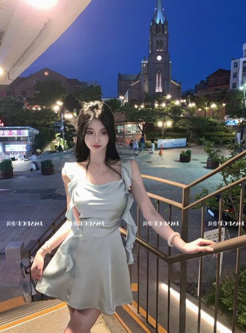 High-grade satin dress short pure waist design suspender skirt ribbon skirt R1525