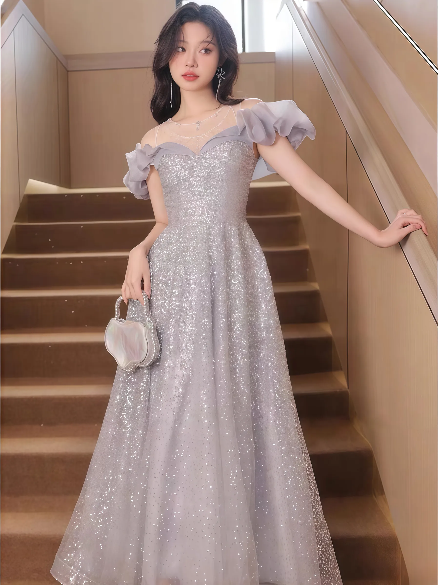 Sparkly Sequin Prom Party Dresses For Graduation Off Shoulder Long Floor Length Women Dresses S5439